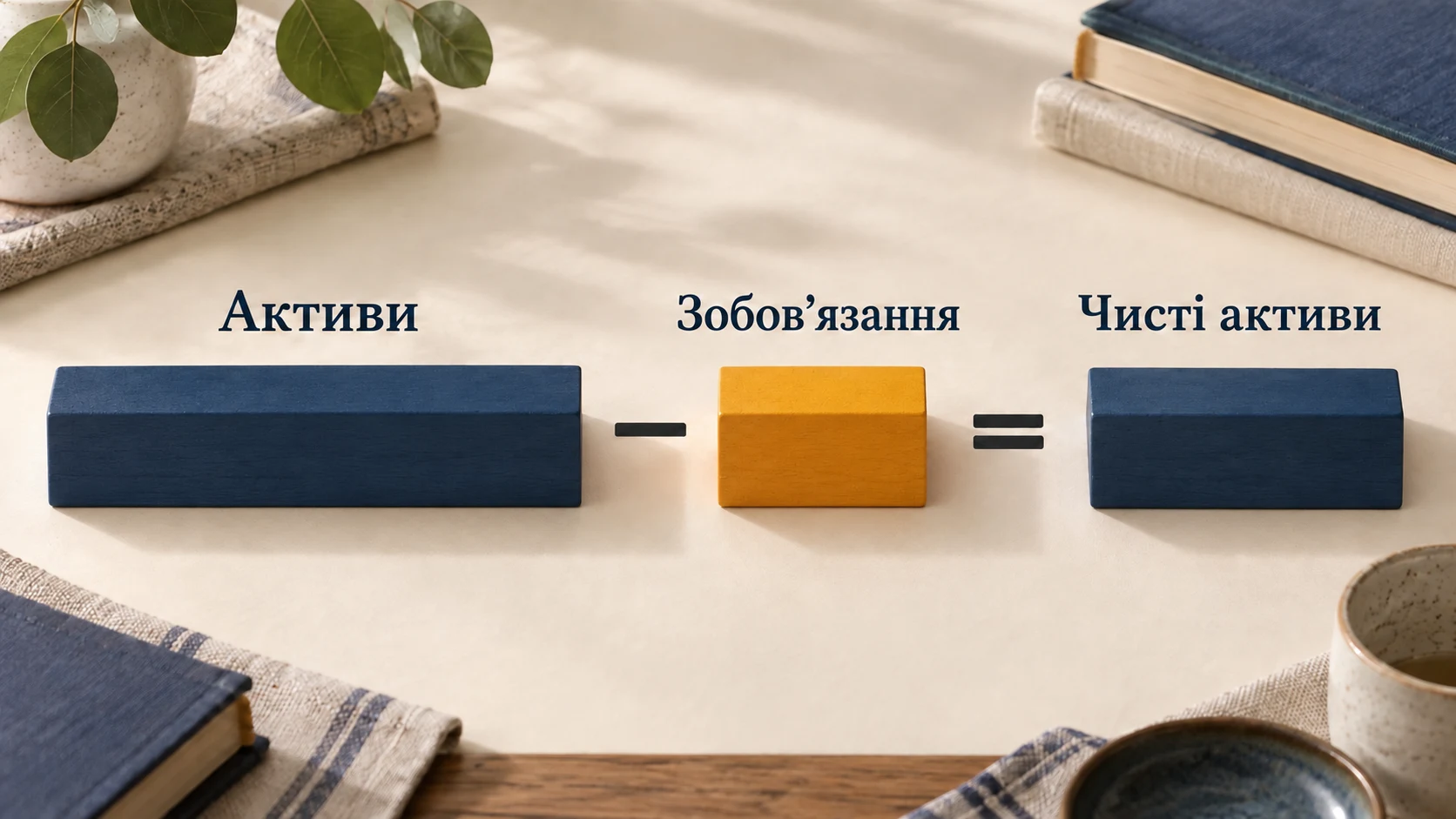 Наочна формула: активи мінус зобов’язання дорівнюють чистим активам